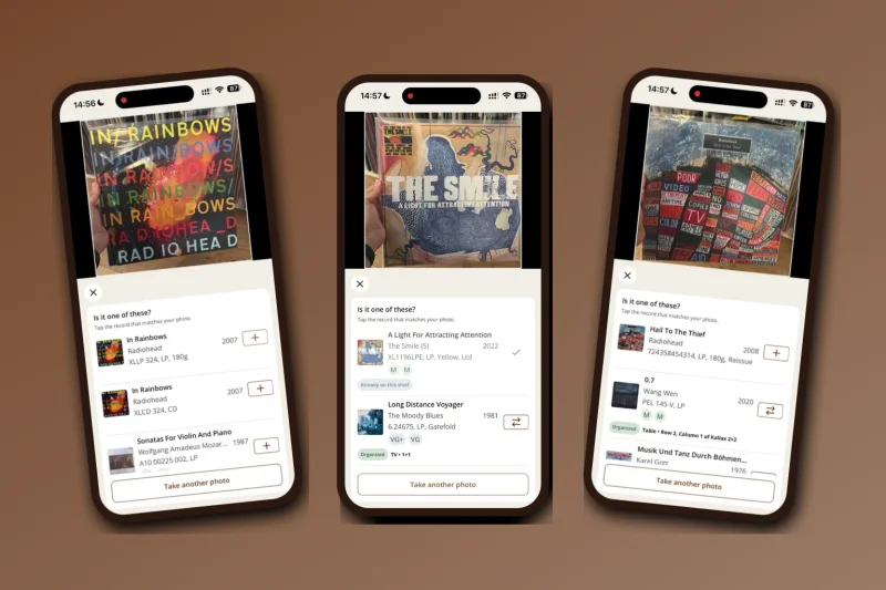 Shelfify's camera matching a photographed album cover against the user's collection, showing the correct record in a list of results