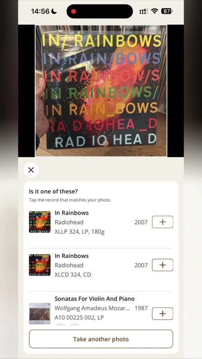 Shelfify's cover photo search showing a photographed Radiohead sleeve matched against two pressings in the collection