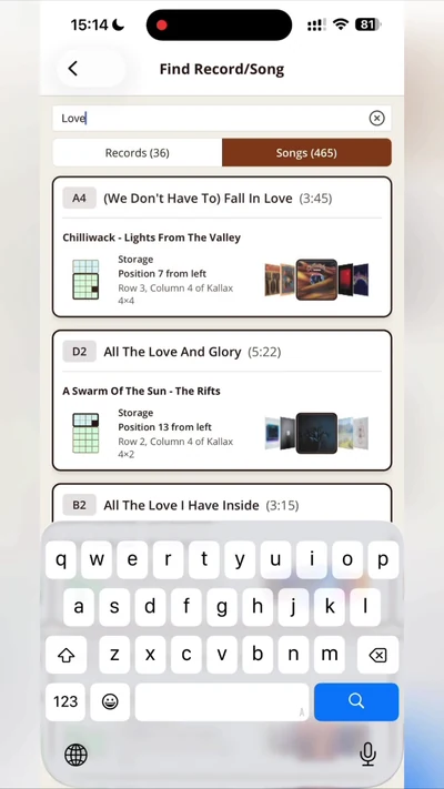 Song search results in Shelfify showing each match's exact shelf, row and position