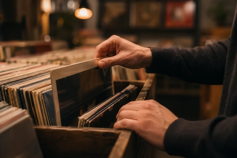 Hände, die unter warmem Glühlampenlicht durch Vinyl-Platten in einer Plattenkiste blättern