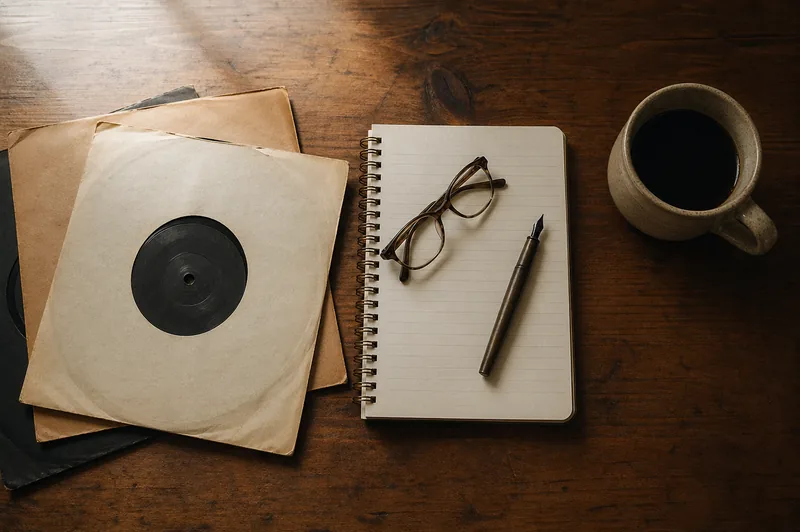 Vinyl-Platten, ein Notizbuch mit Füller und eine Kaffeetasse auf einem warmen Holzschreibtisch