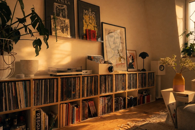 A modular stocubo shelving system packed with vinyl records next to a turntable and headphones, in warm evening light