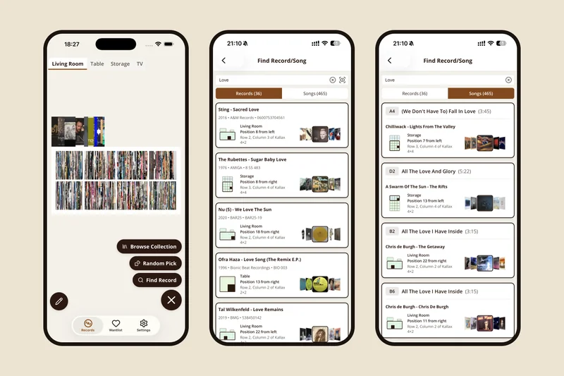Three Shelfify screens side by side: a shelf view, a record search with shelf positions, and a song search showing side and track