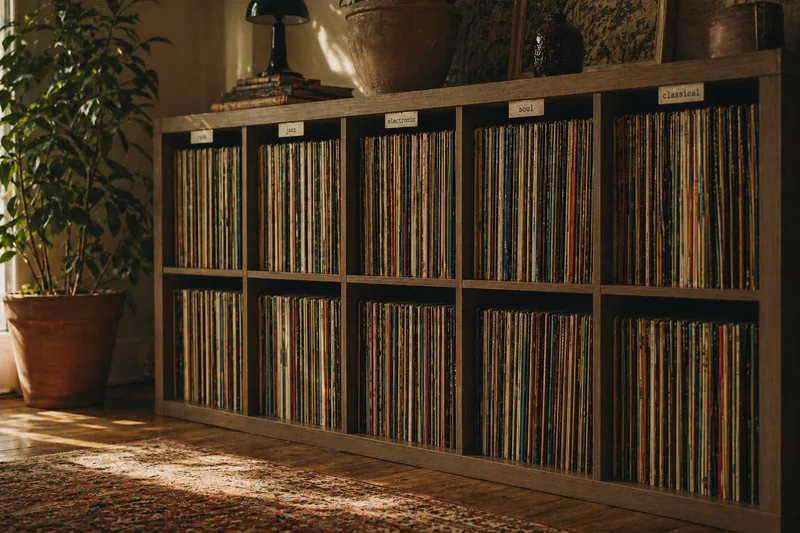 Vinyl-Sammlung in einem Kallax-Regal mit handgeschriebenen Genre-Etiketten im warmen Nachmittagslicht