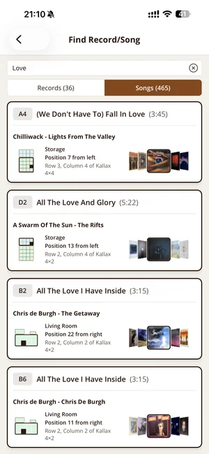 Search by song title and Shelfify shows which record has the track and exactly where it sits on your shelf.