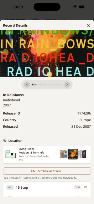 Full release details for every record: catalogue info, exact shelf location, Last.fm scrobble history.
