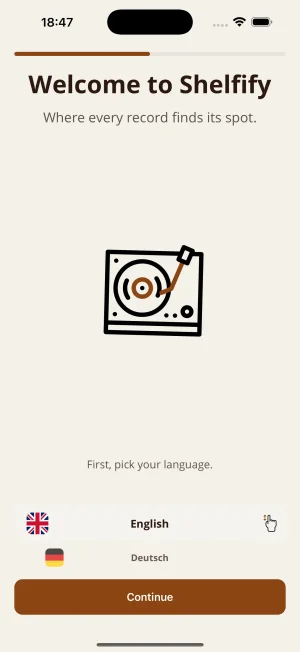 Shelfify onboarding welcome screen for new vinyl and CD collectors.