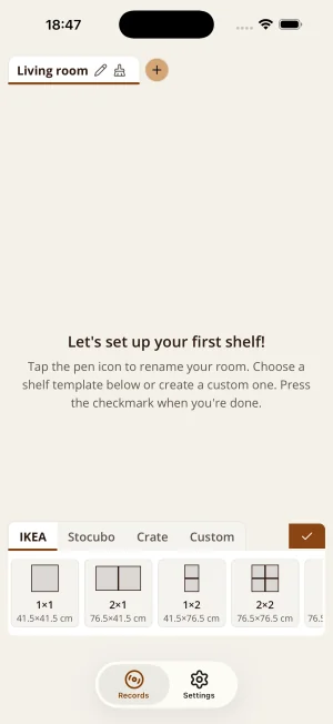 Configure a new shelf in Shelfify: set rows, columns, and compartments to match your real furniture.