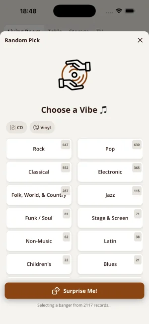 Let Shelfify pick a random record from your collection when you can't decide what to play.