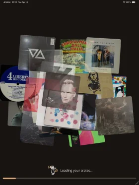 Shelfify iPad screen loading a Discogs vinyl collection import.
