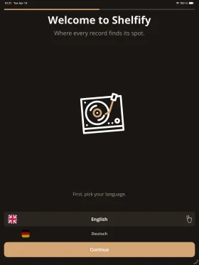 Shelfify onboarding welcome screen on iPad for new collectors.