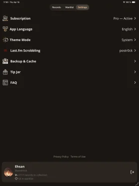 Shelfify iPad settings screen with Discogs, Last.fm and appearance options.